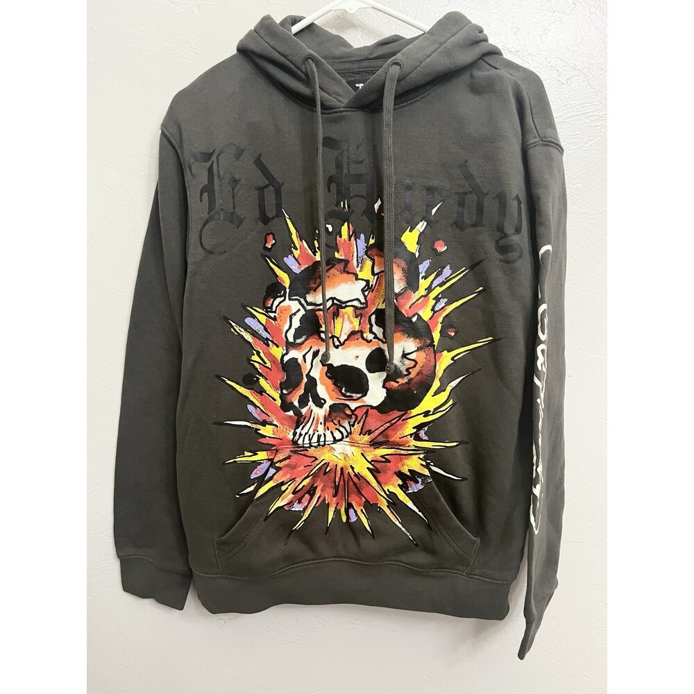 Ed Hardy Hoodie Mens Small Charcoal Exploding Skull Graphic Pullover Sweatshirt